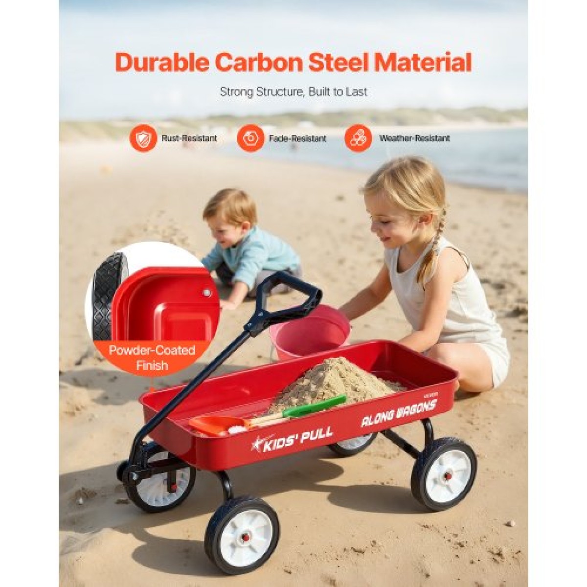 VEVOR Pull-Along Wagon για παιδιά, Βαγόνια νηπίων 101 cm, Υποστηρίζει έως 80 κιλά, Βαγόνια παντός εδάφους με λαβή, Δώρο γενεθλίων για παιδική κηπουρική Κάμπινγκ στην παραλία, κόκκινο