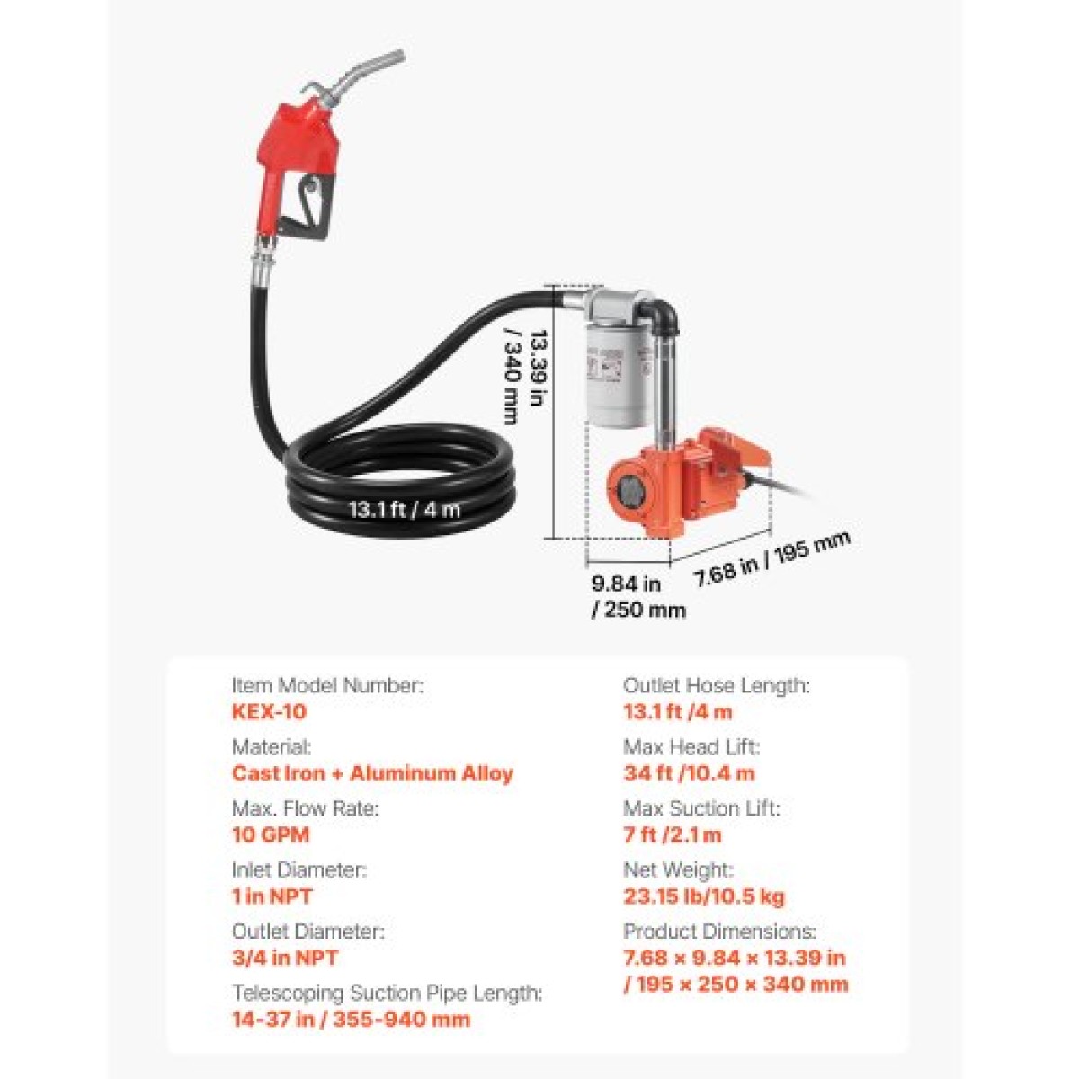Αντλία μεταφοράς καυσίμου VEVOR, 12V DC 40 L/min, Φορητό κιτ αντλίας μεταφοράς ντίζελ, με ακροφύσιο αυτόματης απενεργοποίησης, σωλήνας εκκένωσης, προστασία υπερθέρμανσης, καλώδιο τροφοδοσίας, αντιεκρηκτικό, για βενζίνη πετρελαίου κηροζίνης