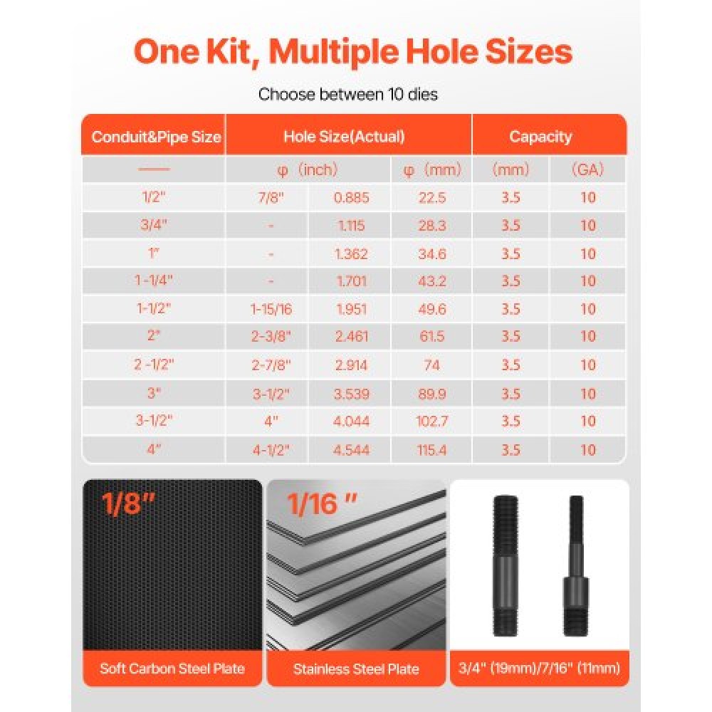 VEVOR Knockout Punch Set, 147,1 kN Hydraulic Knockout Set, KO Tool Kit Hole Making Tool, KO Tools Kit W/10 Dies for Metal Electrical Cabine, Electrical Control Cabine, Switch Cabine