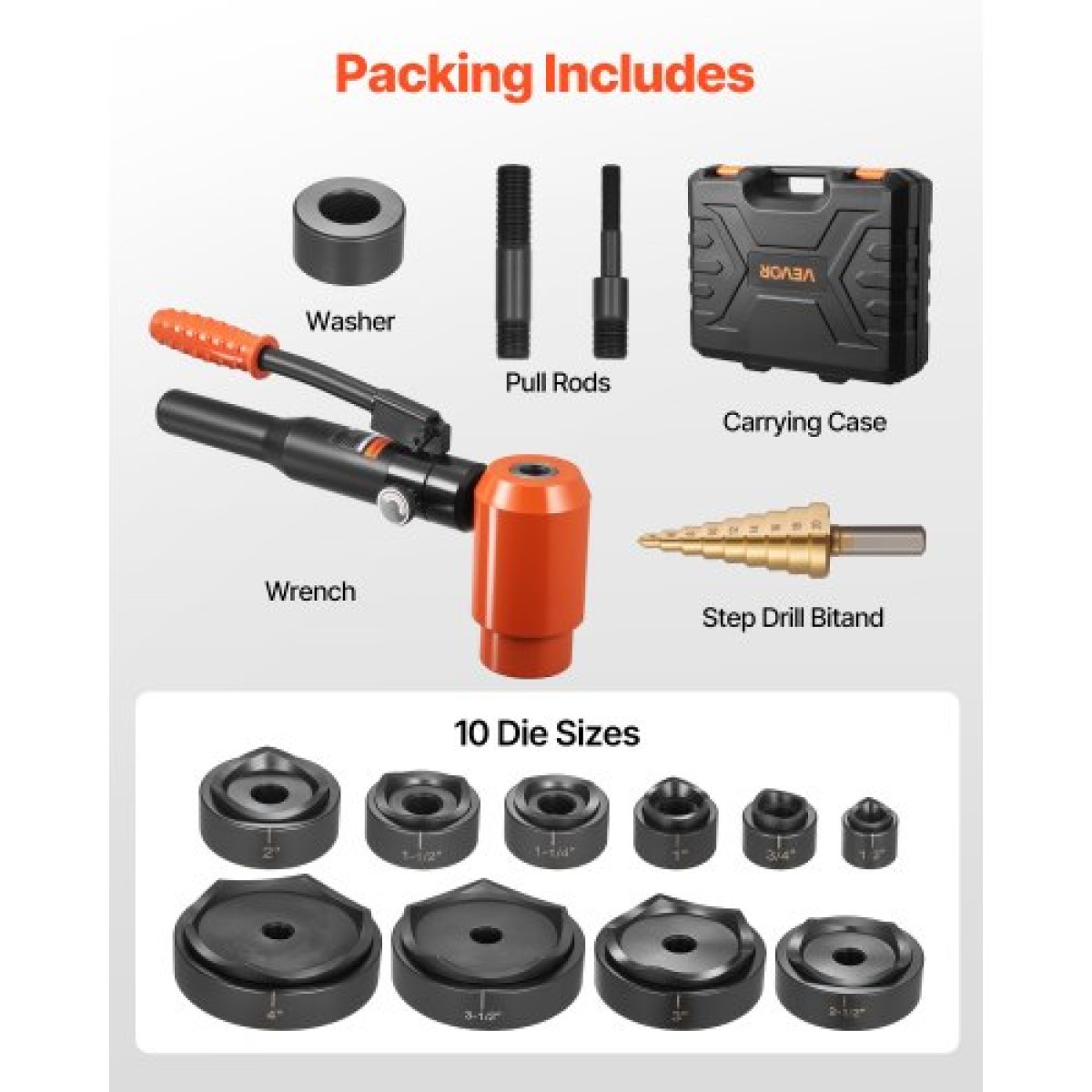 VEVOR Knockout Punch Set, 147,1 kN Hydraulic Knockout Set, KO Tool Kit Hole Making Tool, KO Tools Kit W/10 Dies for Metal Electrical Cabine, Electrical Control Cabine, Switch Cabine