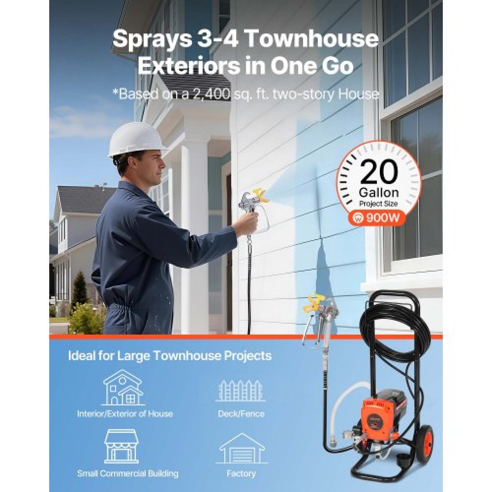 VEVOR Stand Airless Paint Sprayer, 900W, 3300PSI High Pressure Airless Sprayer with Cart, Cleaning Brush, Hose, Extension Rod, Nozzles, Electric Spray Paint Machine for Interior or Exterior of House