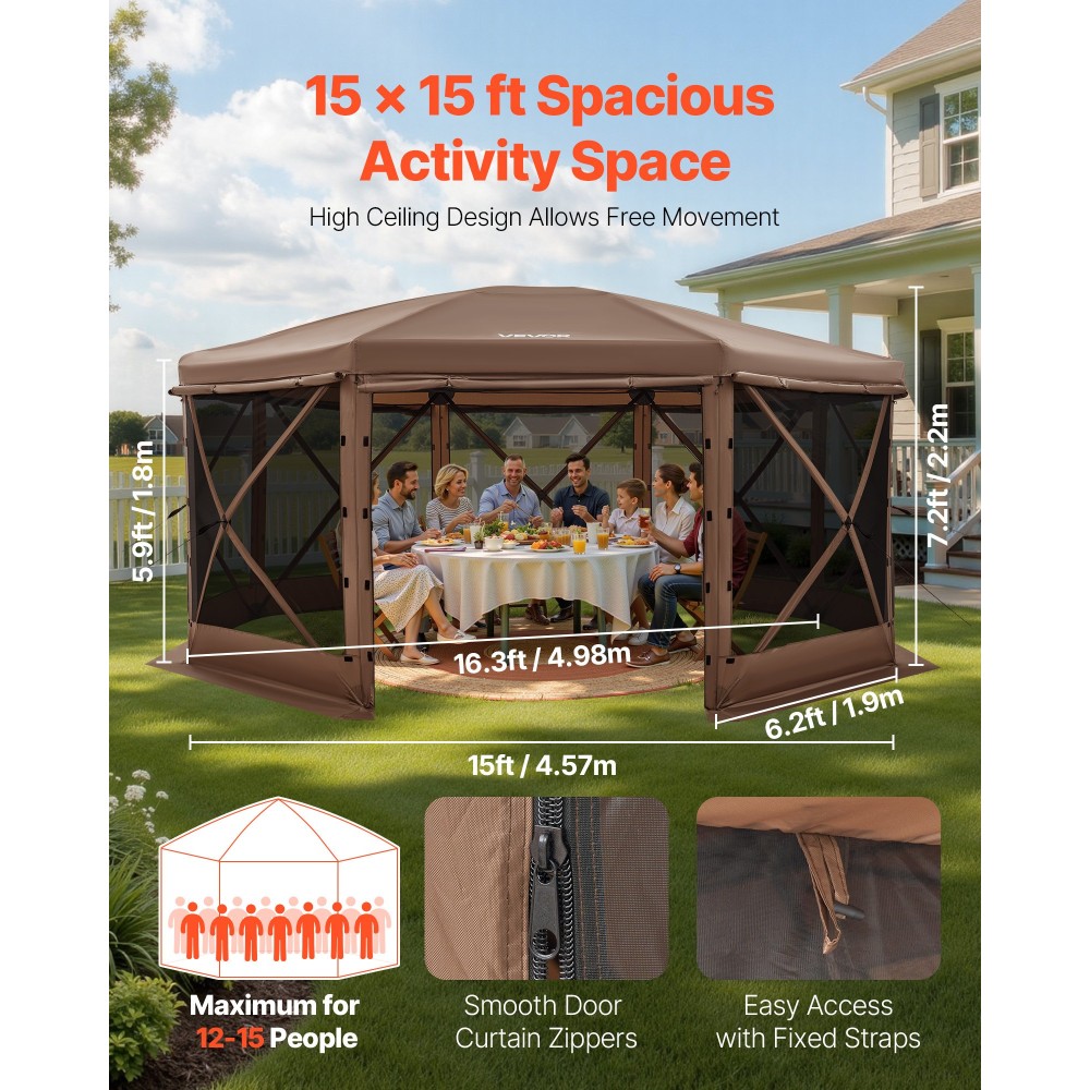 Σκηνή με οθόνη VEVOR Pop up Gazebo, 4,57x4,57 m Μεγάλη σκηνή κάμπινγκ 8 όψεων με αποσπώμενο επάνω μέρος και τσάντα μεταφοράς, Γρήγορη ρύθμιση και προστασία από δαγκώματα, Screen House Shelter για 12-15 άτομα Αίθριο πίσω αυλής, καφέ