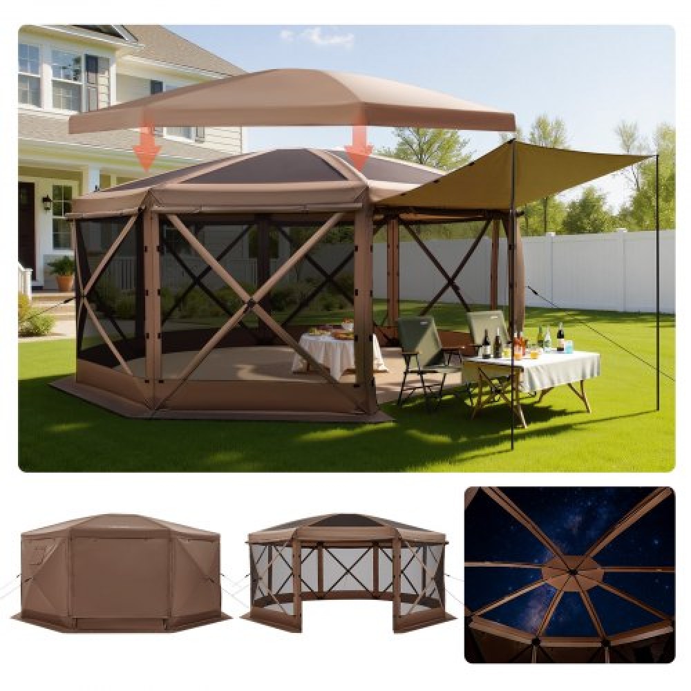 Σκηνή με οθόνη VEVOR Pop up Gazebo, 4,57x4,57 m Μεγάλη σκηνή κάμπινγκ 8 όψεων με αποσπώμενο επάνω μέρος και τσάντα μεταφοράς, Γρήγορη ρύθμιση και προστασία από δαγκώματα, Screen House Shelter για 12-15 άτομα Αίθριο πίσω αυλής, καφέ