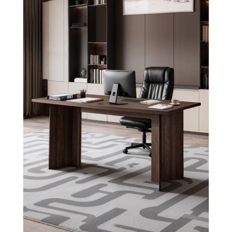 VEVOR 63 σε Executive Desk, Μεγάλο Μοντέρνο Ορθογώνιο Τραπέζι Γραφείου, Ξύλινο Τραπέζι βαρέως τύπου με τρύπα σύνδεσης καλωδίου, χωρητικότητα φόρτωσης 113 KG, Εύκολη συναρμολόγηση, για εργασία γραφής μελέτης, καρυδιά