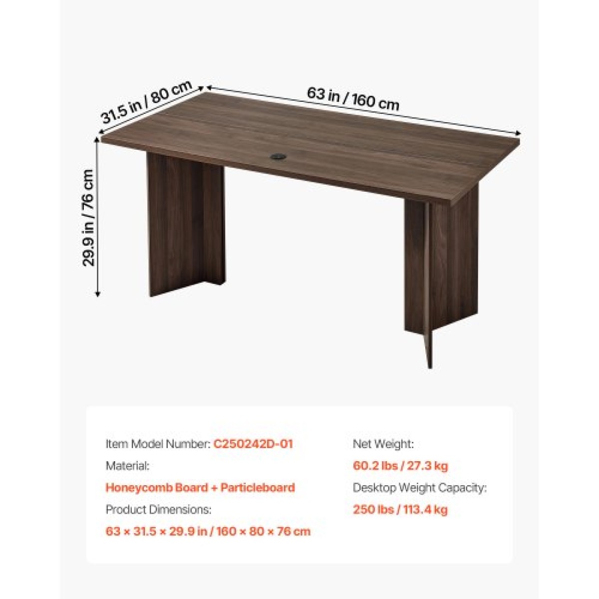 VEVOR 63 σε Executive Desk, Μεγάλο Μοντέρνο Ορθογώνιο Τραπέζι Γραφείου, Ξύλινο Τραπέζι βαρέως τύπου με τρύπα σύνδεσης καλωδίου, χωρητικότητα φόρτωσης 113 KG, Εύκολη συναρμολόγηση, για εργασία γραφής μελέτης, καρυδιά