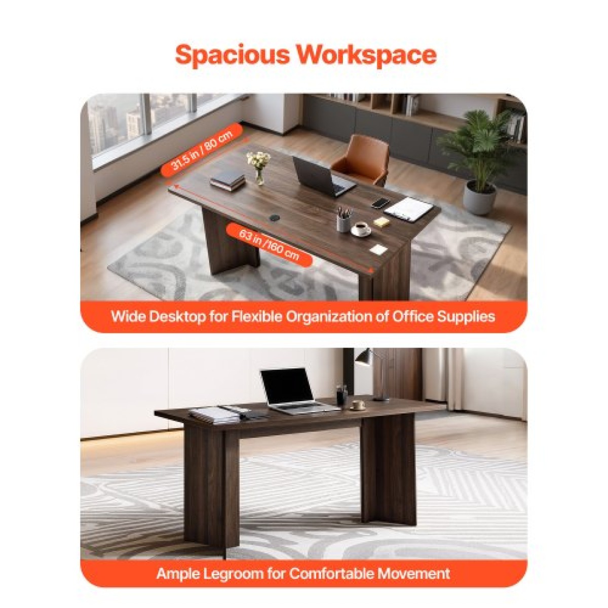 VEVOR 63 σε Executive Desk, Μεγάλο Μοντέρνο Ορθογώνιο Τραπέζι Γραφείου, Ξύλινο Τραπέζι βαρέως τύπου με τρύπα σύνδεσης καλωδίου, χωρητικότητα φόρτωσης 113 KG, Εύκολη συναρμολόγηση, για εργασία γραφής μελέτης, καρυδιά