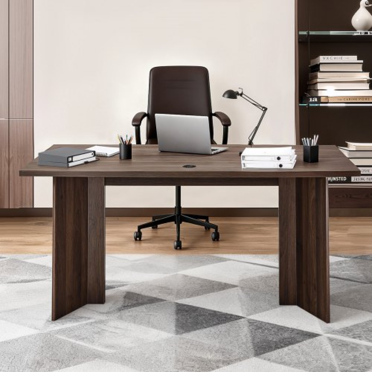 VEVOR 63 σε Executive Desk, Μεγάλο Μοντέρνο Ορθογώνιο Τραπέζι Γραφείου, Ξύλινο Τραπέζι βαρέως τύπου με τρύπα σύνδεσης καλωδίου, χωρητικότητα φόρτωσης 113 KG, Εύκολη συναρμολόγηση, για εργασία γραφής μελέτης, καρυδιά