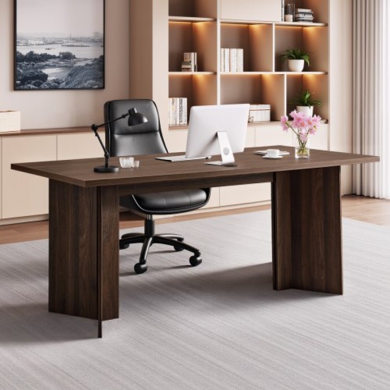 VEVOR 63 σε Executive Desk, Μεγάλο Μοντέρνο Ορθογώνιο Τραπέζι Γραφείου, Ξύλινο Τραπέζι βαρέως τύπου με τρύπα σύνδεσης καλωδίου, χωρητικότητα φόρτωσης 113 KG, Εύκολη συναρμολόγηση, για εργασία γραφής μελέτης, καρυδιά