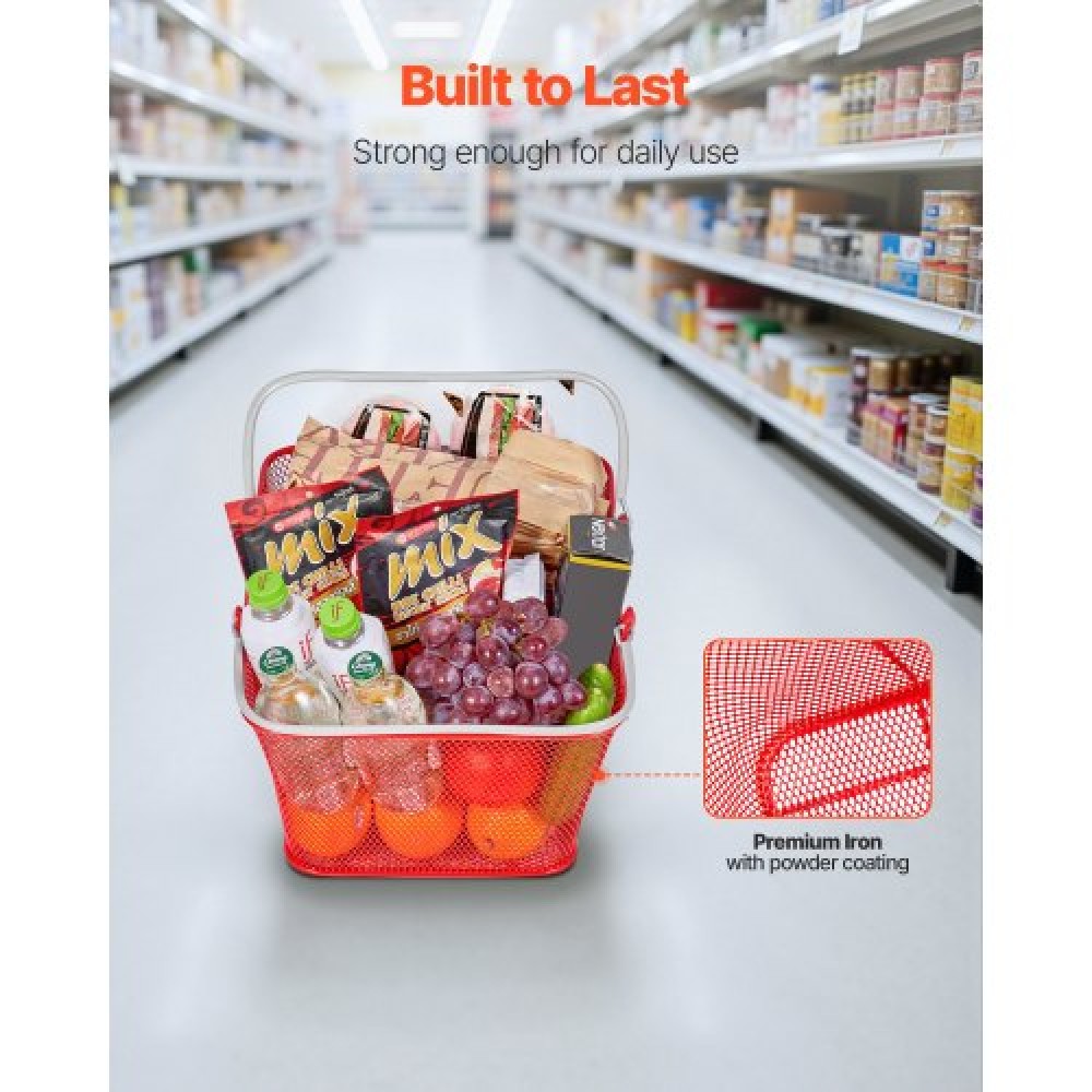 VEVOR Shopping Baskets, 12 PCS, 22L Stackable Metal Grocery Baskets with Handles, Dense Mesh Structure, Holds up to 20 kg, Portable for Grocery, Retail, Stores, Supermarket, Bookstore, Home Use, Red