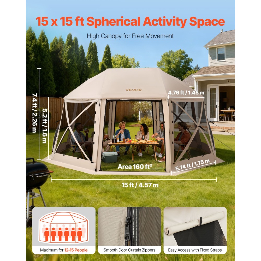 Σκηνή με οθόνη VEVOR Pop up Gazebo, 4,57 x 4,57 μ., 13 όψεων σφαιρική σκηνή με κουβούκλιο για κάμπινγκ με αφαιρούμενη κορυφή και τσάντα μεταφοράς, γρήγορη ρύθμιση και προστασία από τα δαγκώματα, Screen House Shelter για 12-15 άτομα, Μπεζ