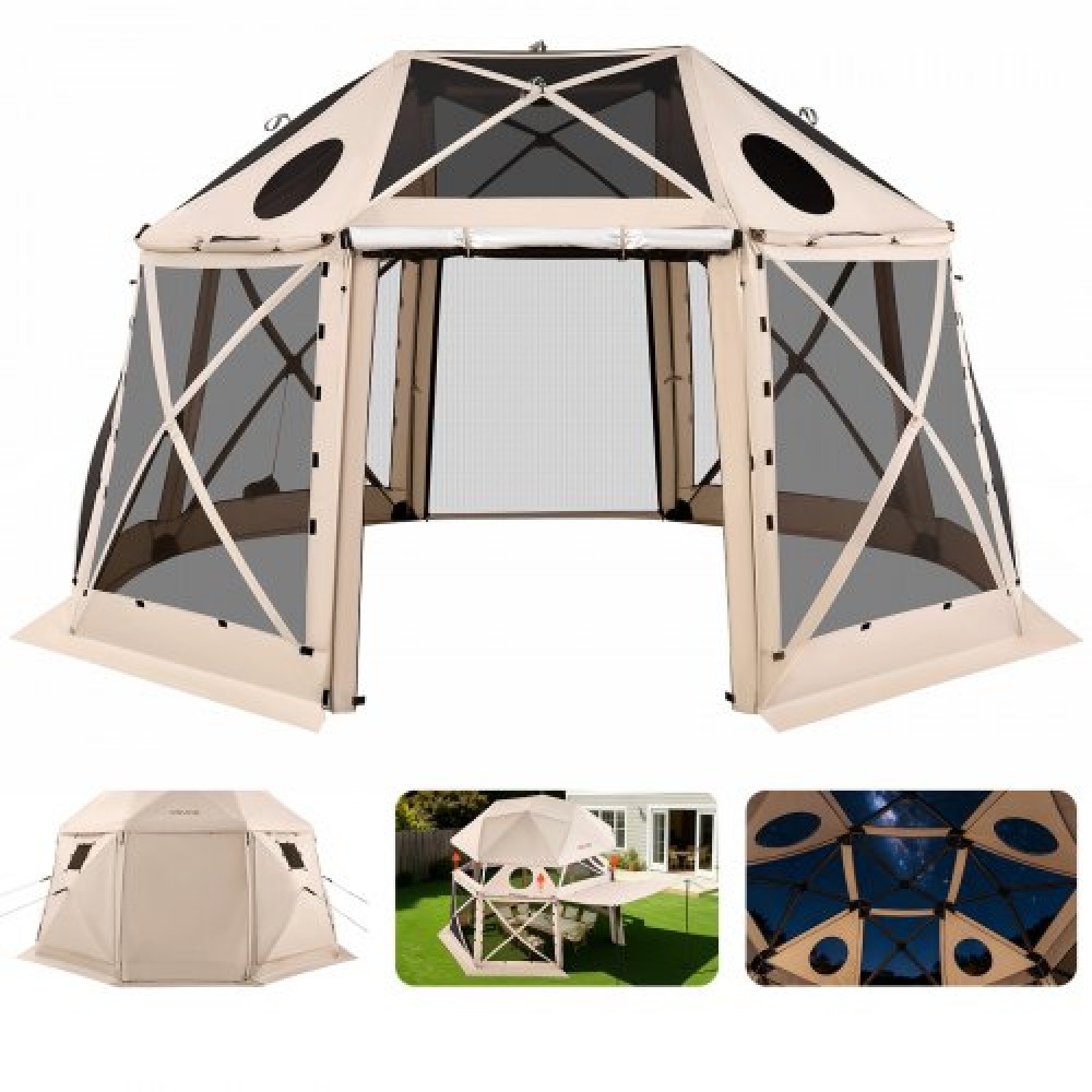 Σκηνή με οθόνη VEVOR Pop up Gazebo, 4,57 x 4,57 μ., 13 όψεων σφαιρική σκηνή με κουβούκλιο για κάμπινγκ με αφαιρούμενη κορυφή και τσάντα μεταφοράς, γρήγορη ρύθμιση και προστασία από τα δαγκώματα, Screen House Shelter για 12-15 άτομα, Μπεζ