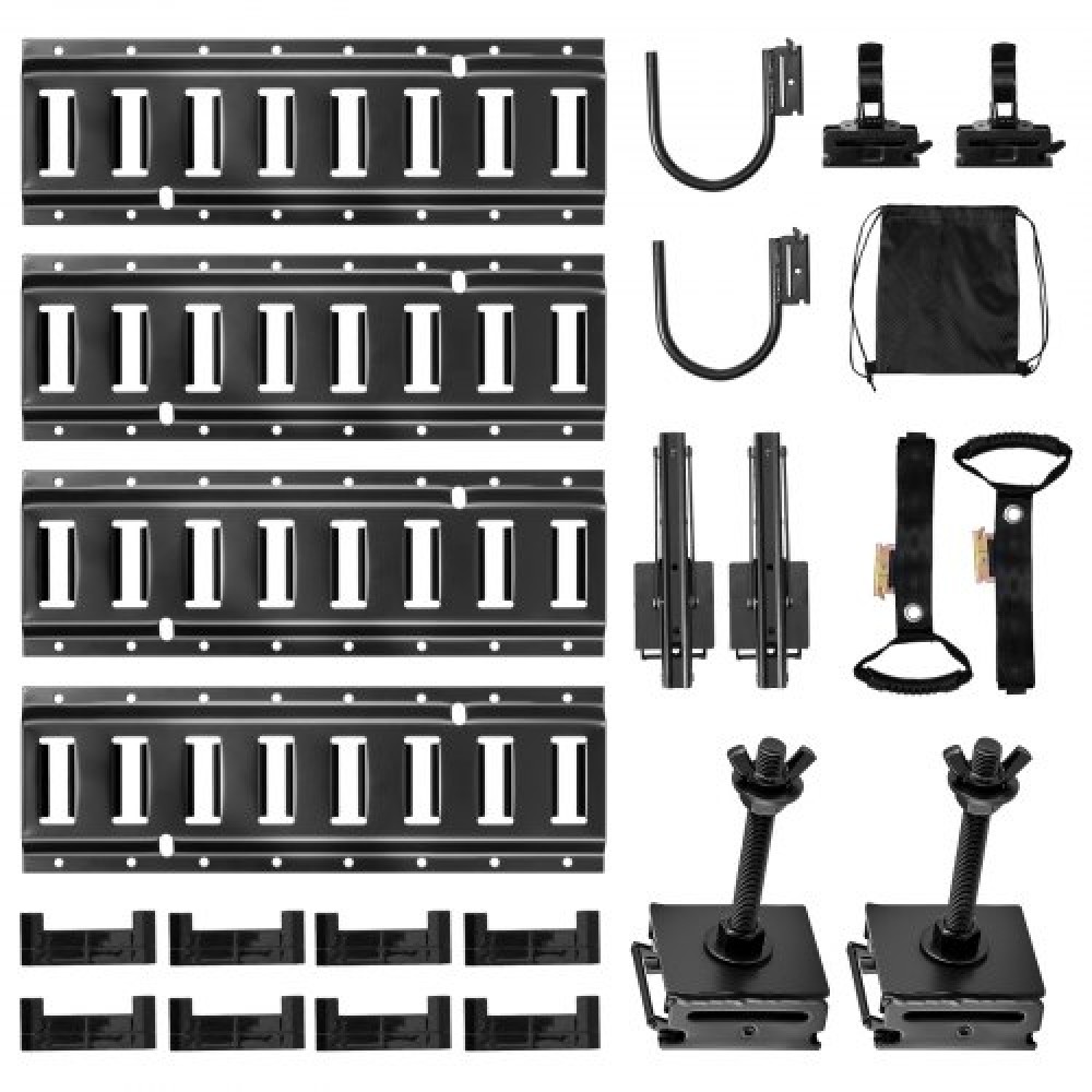 Σετ σιδηροτροχιάς VEVOR E-Track, 4 Pack Ράγες τροχιάς 0,4 m E, 2 γάντζοι σε σχήμα U, 2 βάσεις εργαλείων, 2 στηρίγματα ραφιών τροχιάς, 2 βάσεις ελαστικών, 2 δαχτυλίδια αποθήκευσης καλωδίων, 8 τελικές τάπες & 1 τσάντα, κατάλληλα για ρυμουλκούμενα φορτηγ