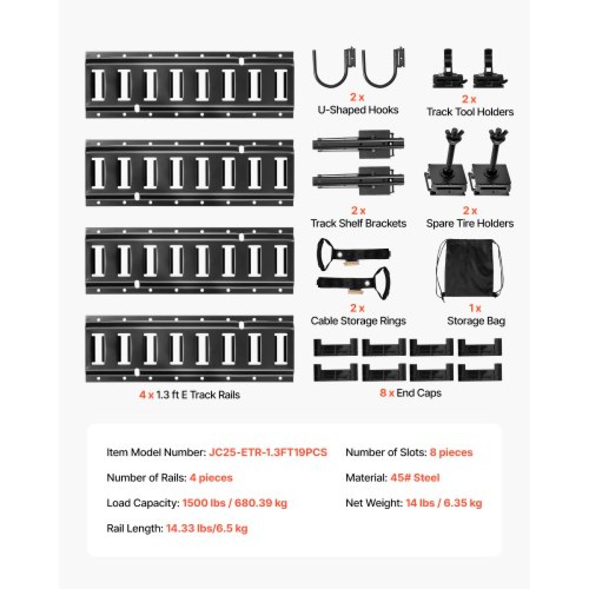 Σετ σιδηροτροχιάς VEVOR E-Track, 4 Pack Ράγες τροχιάς 0,4 m E, 2 γάντζοι σε σχήμα U, 2 βάσεις εργαλείων, 2 στηρίγματα ραφιών τροχιάς, 2 βάσεις ελαστικών, 2 δαχτυλίδια αποθήκευσης καλωδίων, 8 τελικές τάπες & 1 τσάντα, κατάλληλα για ρυμουλκούμενα φορτηγ