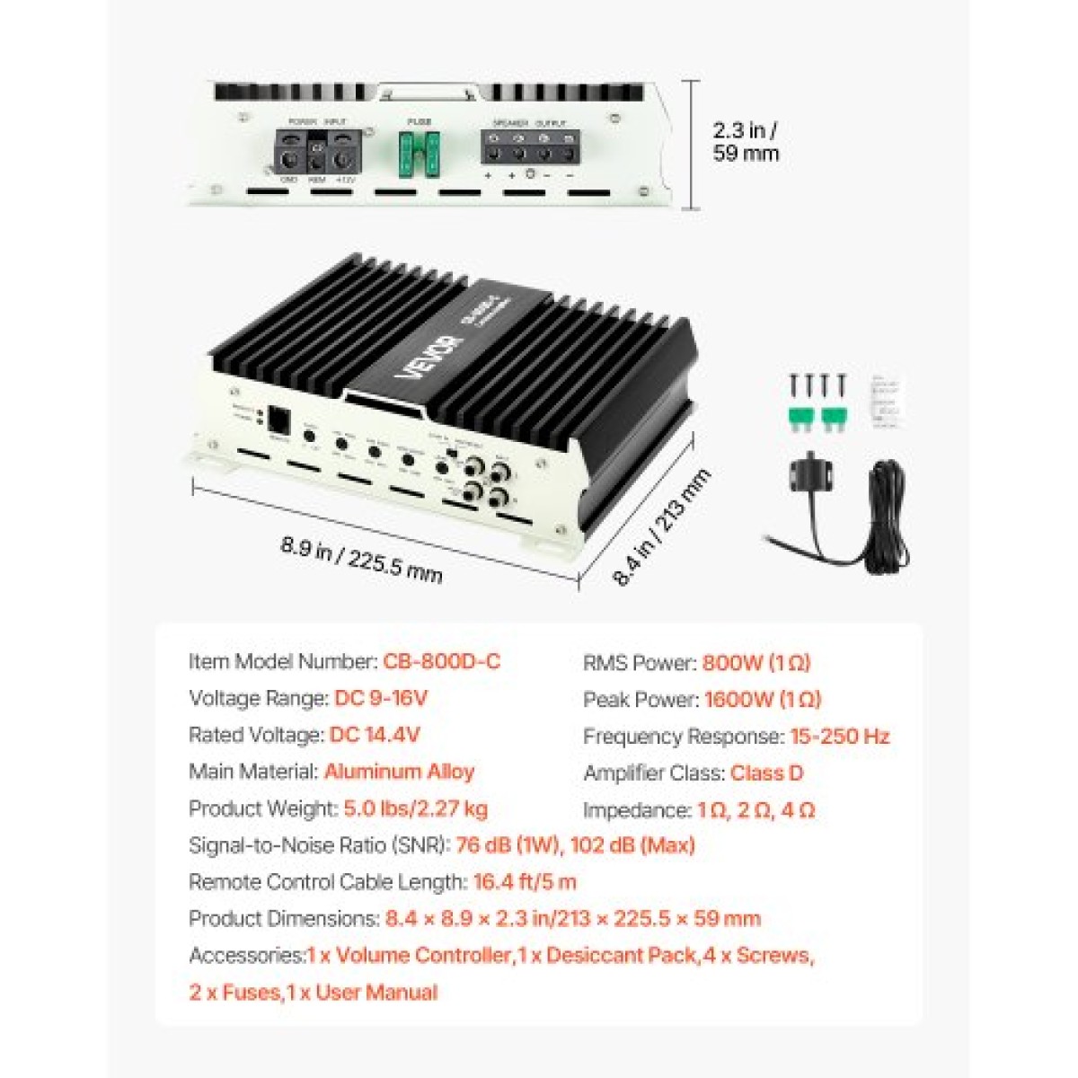 Ενισχυτής αυτοκινήτου VEVOR Monoblock, 800W RMS MAX, 1/2/4 Ohm Stable, Ενισχυτής ήχου αυτοκινήτου κατηγορίας D 1 καναλιού με απομακρυσμένο έλεγχο επιπέδου υπογούφερ, φίλτρο χαμηλής διέλευσης, ενίσχυση μπάσων & μετατόπιση φάσης, ελεγκτής έντασης ήχου
