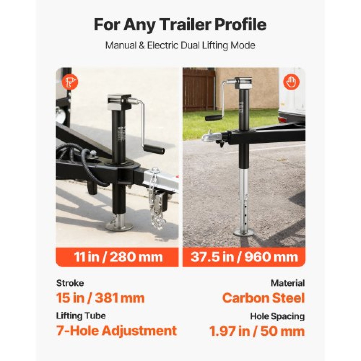 VEVOR 2267 kg A-Frame Trailer Jack, 381 mm Vertical Travel, Trailer Lift Jack with Adjustable 7-Level Drop Leg & Drill Socket, Cordless Drill Συμβατό, Κατάλληλο για RV, Utility, Yacht Trailers