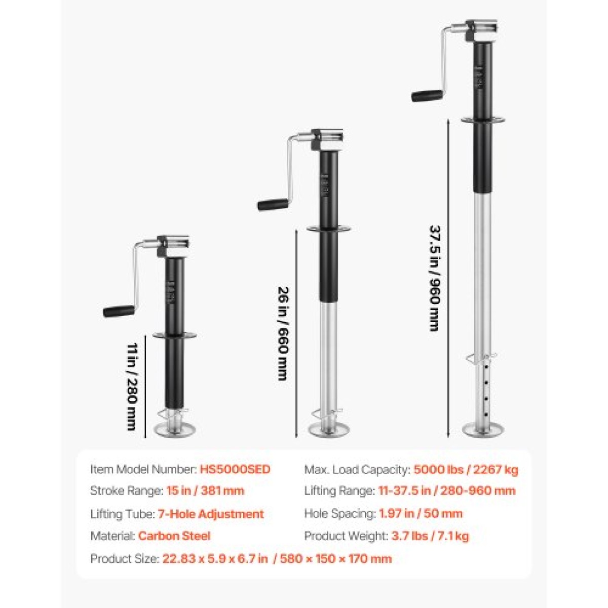 VEVOR 2267 kg A-Frame Trailer Jack, 381 mm Vertical Travel, Trailer Lift Jack with Adjustable 7-Level Drop Leg & Drill Socket, Cordless Drill Συμβατό, Κατάλληλο για RV, Utility, Yacht Trailers