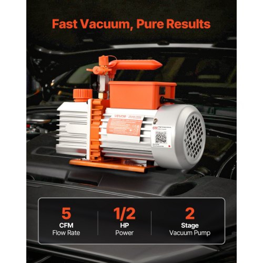 VEVOR Vacuum Pump, 5 CFM 142 L/min, HVAC Two Stage Rotary Vane AC Vacuum Pump, for R134a R22 R410a Systems, 4 Pole Motor, for Automotive Air Conditioner Maintenance Resin Degassing, Oil Included