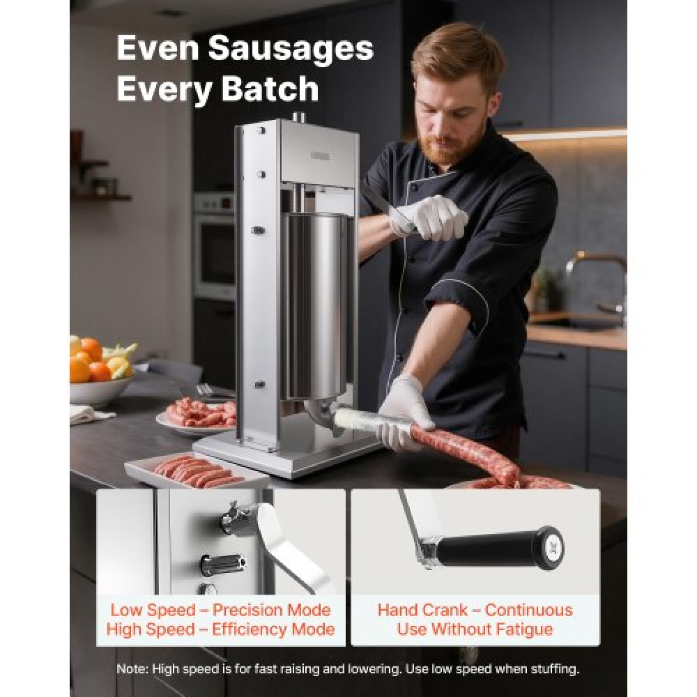 VEVOR Manual Sausage Stuffer, 33 LBS / 15 L Vertical Meat Stuffer, Heavy Duty Sausage Casing Meat Stuffing Machine, Dual-Speed Stainless Steel Filler with 5 Filling Tubes, for Commercial and Home Use