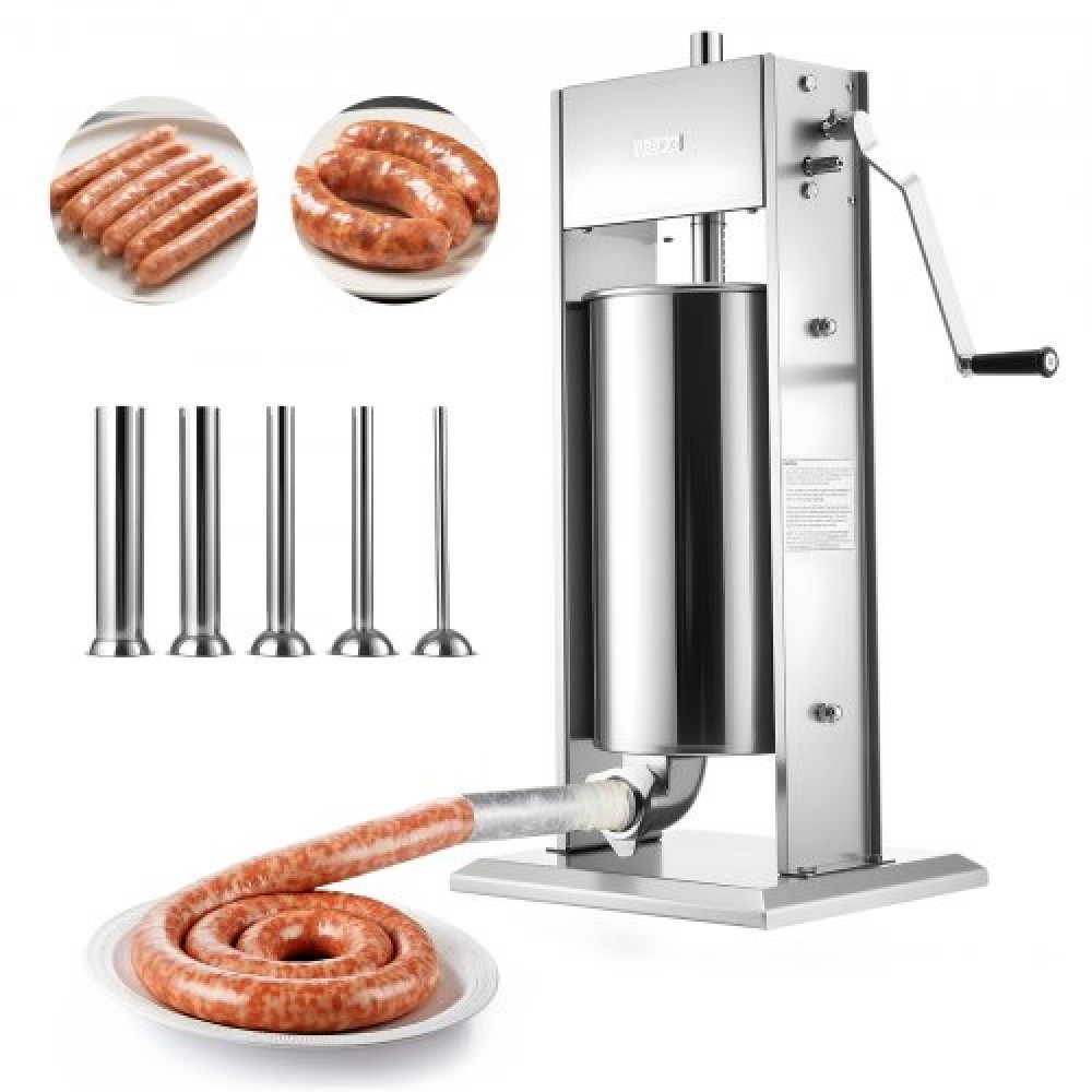 VEVOR Manual Sausage Stuffer, 33 LBS / 15 L Vertical Meat Stuffer, Heavy Duty Sausage Casing Meat Stuffing Machine, Dual-Speed Stainless Steel Filler with 5 Filling Tubes, for Commercial and Home Use