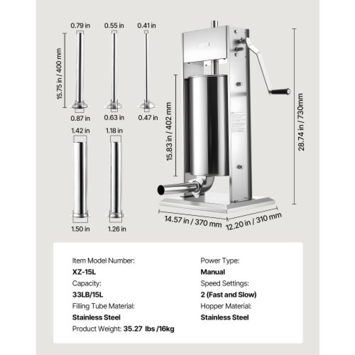 VEVOR Manual Sausage Stuffer, 33 LBS / 15 L Vertical Meat Stuffer, Heavy Duty Case Sausage Meat Stuffing Machine, Γεμιστικό από ανοξείδωτο χάλυβα διπλής ταχύτητας με 5 σωλήνες πλήρωσης, για εμπορική και οικιακή χρήση