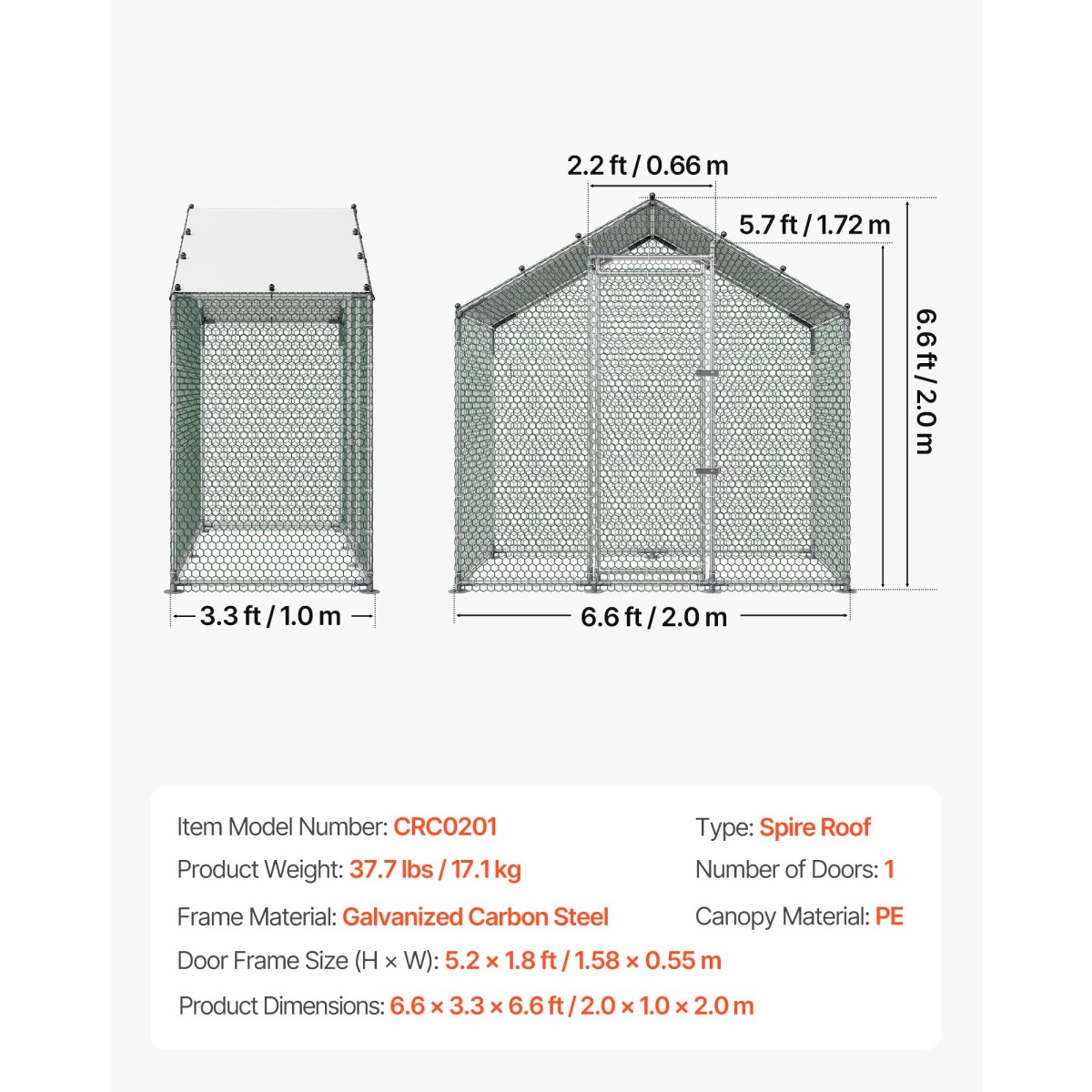 VEVOR Large Metal Chicken Coop, 2 x 1 x 2 m, Walk-in Chicken Run House με αδιάβροχο κάλυμμα & στιβαρό σκελετό, Spire Roof Poultry Cage Duck Stre for Rabbit Hen Goose Outdoor Backyard Farm Use