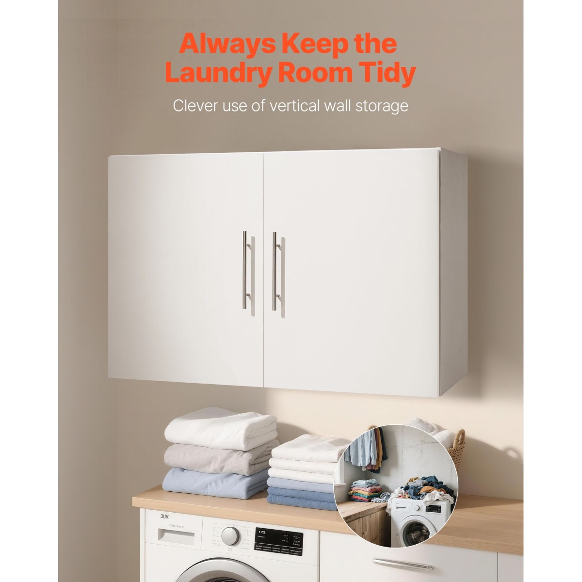Ντουλάπι τοίχου VEVOR Laundry Room, Κρεμαστό ντουλάπι τοίχου 2 επιπέδων με ρυθμιζόμενο ράφι, ντουλάπι αποθήκευσης με 2 πόρτες, για κουζίνα, μπάνιο, πλυντήριο, 40,6 x 91,4 x 61 cm (Β x Π x Υ), Λευκό