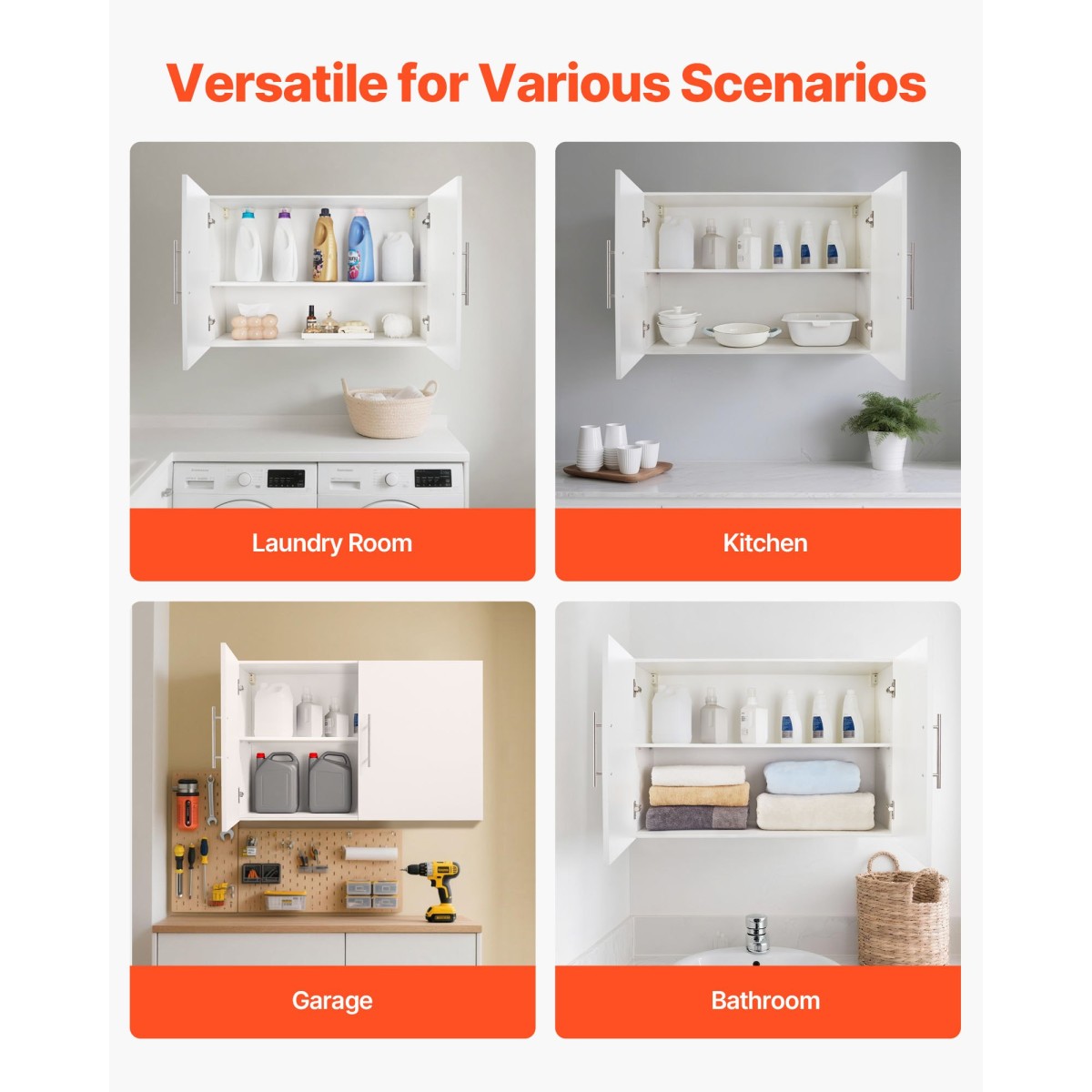 Ντουλάπι τοίχου VEVOR Laundry Room, Κρεμαστό ντουλάπι τοίχου 2 επιπέδων με ρυθμιζόμενο ράφι, ντουλάπι αποθήκευσης με 2 πόρτες, για κουζίνα, μπάνιο, πλυντήριο, 40,6 x 91,4 x 61 cm (Β x Π x Υ), Λευκό
