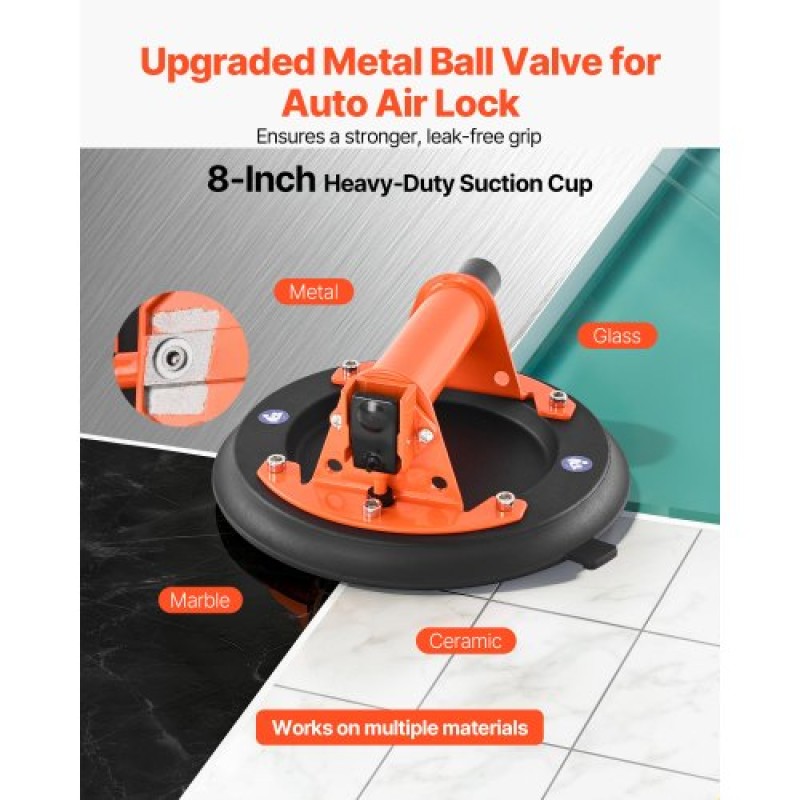 Βεντούζα VEVOR Vacuum, 203 mm Vacuum Glass Lifter με Μεταλλική Λαβή, Μέγιστη Ανυψωτική ικανότητα 195 kg Εργαλείο βεντούζας πλακιδίων με θήκη μεταφοράς για ανύψωση μεγάλων πλακιδίων, γρανίτη, γυψοσανίδα, παράθυρα (2-συσκευασία)