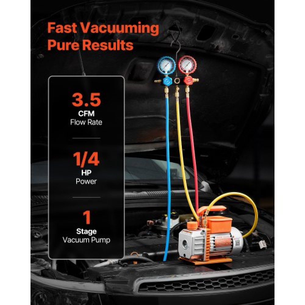 VEVOR AC Vacuum Pump and Gauge Set, 3.5 CFM 99 L/min, Single Stage Rotary Vane HVAC Vacuum Pump, A/C Manifold Gauge Kit, for R134a R22 R410a R1234YF R32, with Carry Bag, for Auto HVAC Air Conditioning