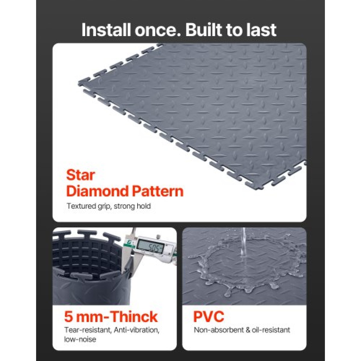 VEVOR Πλακάκια δαπέδου γκαράζ Interlocking, 8 Pack 513 x 513 x 5 mm Interlocking Modular Floor Garage Galage Poss, Diamond Plate Αντιολισθητικά χαλάκια PVC για εργαστήριο, Αποθήκη, Εργαλειοθήκη, Γκρι γραφίτη