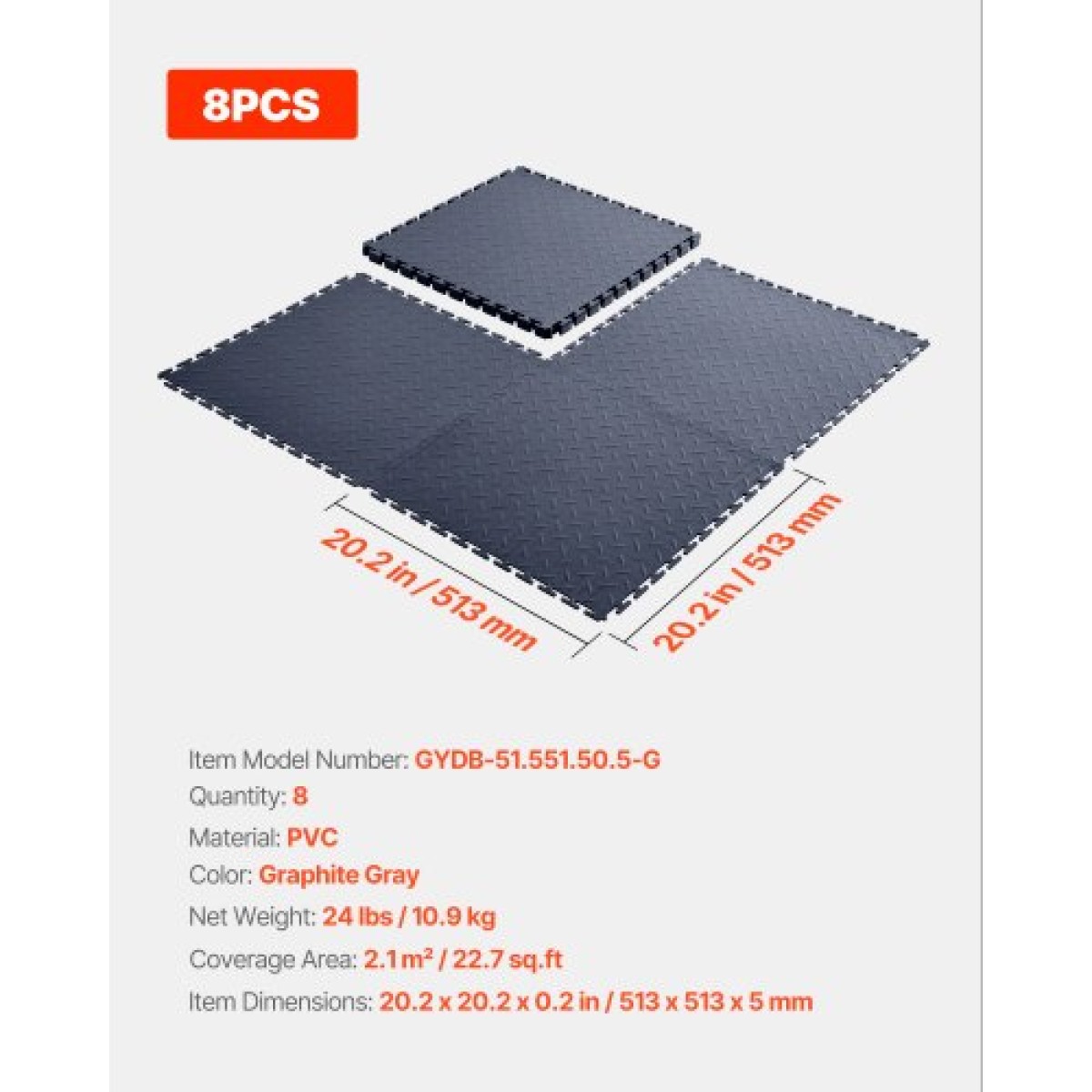 VEVOR Πλακάκια δαπέδου γκαράζ Interlocking, 8 Pack 513 x 513 x 5 mm Interlocking Modular Floor Garage Galage Poss, Diamond Plate Αντιολισθητικά χαλάκια PVC για εργαστήριο, Αποθήκη, Εργαλειοθήκη, Γκρι γραφίτη