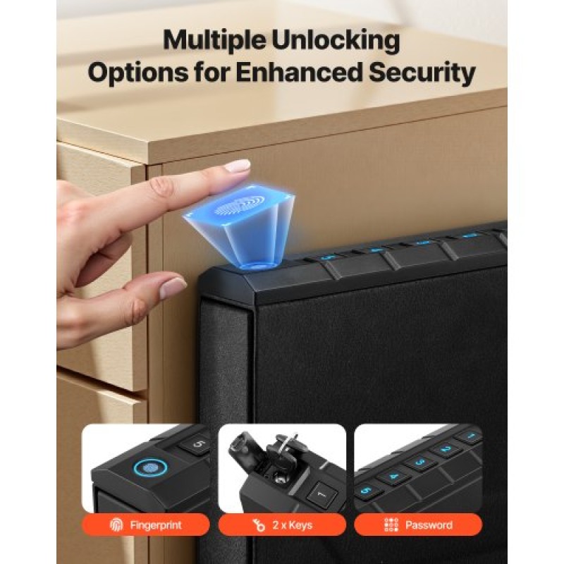 Χρηματοκιβώτιο VEVOR Gun Safe, Slider Handgun Gun χρηματοκιβώτιο με δακτυλικό αποτύπωμα/κωδικό πρόσβασης/κλειδί, θήκη πυροβόλων όπλων γρήγορης πρόσβασης 3 κατευθύνσεων με φωτισμό για 1 πιστόλι & γεμιστήρα, τοποθετημένο κουτί πιστολιού για κομοδίνο κομ