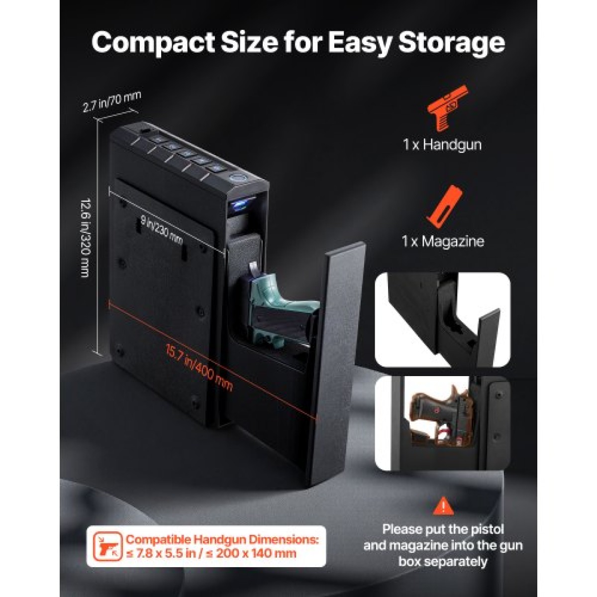 Χρηματοκιβώτιο VEVOR Gun Safe, Slider Handgun Gun χρηματοκιβώτιο με δακτυλικό αποτύπωμα/κωδικό πρόσβασης/κλειδί, θήκη πυροβόλων όπλων γρήγορης πρόσβασης 3 κατευθύνσεων με φωτισμό για 1 πιστόλι & γεμιστήρα, τοποθετημένο κουτί πιστολιού για κομοδίνο κομ