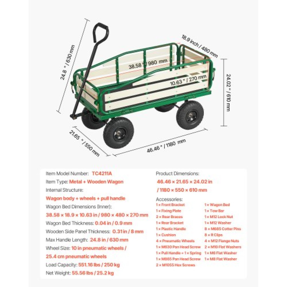VEVOR Pull-Along Wagon για παιδιά, Βαγόνια νηπίων 101 cm με πτυσσόμενο ξύλινο πάνελ και λαβή, υποστηρίζει ελαστικά παντός εδάφους έως 250 kg, 25,4 cm, Δώρο γενεθλίων για παιδικό καρότσι για παιδική κηπουρική