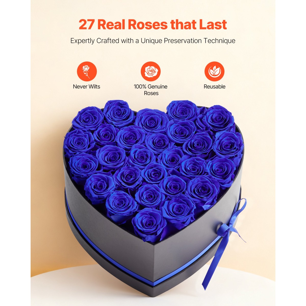 VEVOR Forever Flowers, 27 διατηρημένα τριαντάφυλλα σε κουτί σε σχήμα καρδιάς, Αιώνια λουλούδια Αθάνατη ανθοδέσμη Δώρο γενεθλίων για γυναίκες Μητέρες της γυναίκας της, επέτειος, ημέρα του Αγίου Βαλεντίνου, Χριστούγεννα, Βασιλικό Μπλε