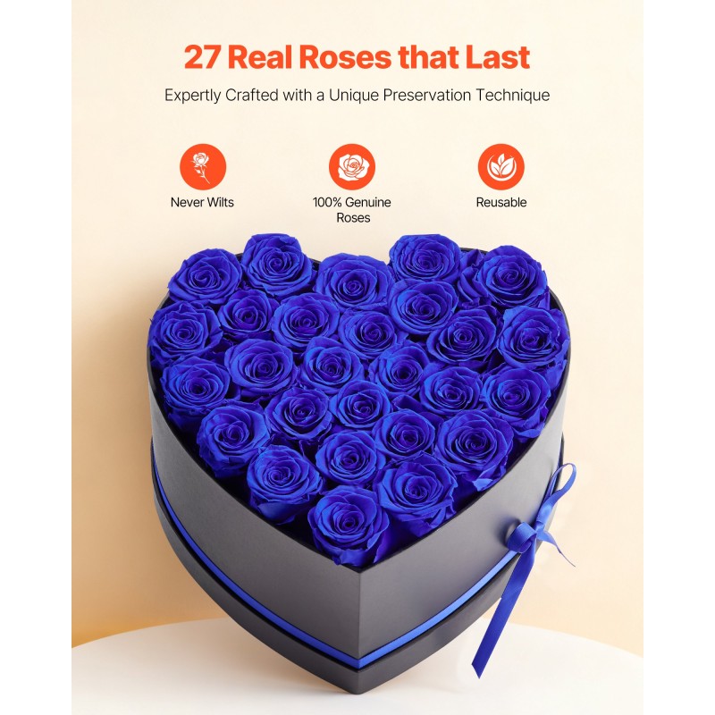 VEVOR Forever Flowers, 27 διατηρημένα τριαντάφυλλα σε κουτί σε σχήμα καρδιάς, Αιώνια λουλούδια Αθάνατη ανθοδέσμη Δώρο γενεθλίων για γυναίκες Μητέρες της γυναίκας της, επέτειος, ημέρα του Αγίου Βαλεντίνου, Χριστούγεννα, Βασιλικό Μπλε