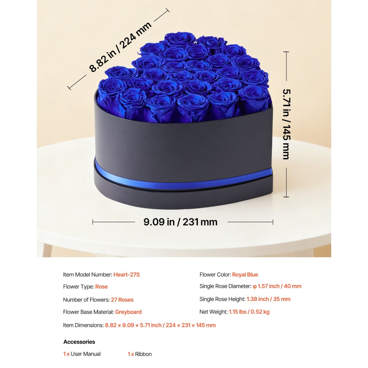 VEVOR Forever Flowers, 27 διατηρημένα τριαντάφυλλα σε κουτί σε σχήμα καρδιάς, Αιώνια λουλούδια Αθάνατη ανθοδέσμη Δώρο γενεθλίων για γυναίκες Μητέρες της γυναίκας της, επέτειος, ημέρα του Αγίου Βαλεντίνου, Χριστούγεννα, Βασιλικό Μπλε