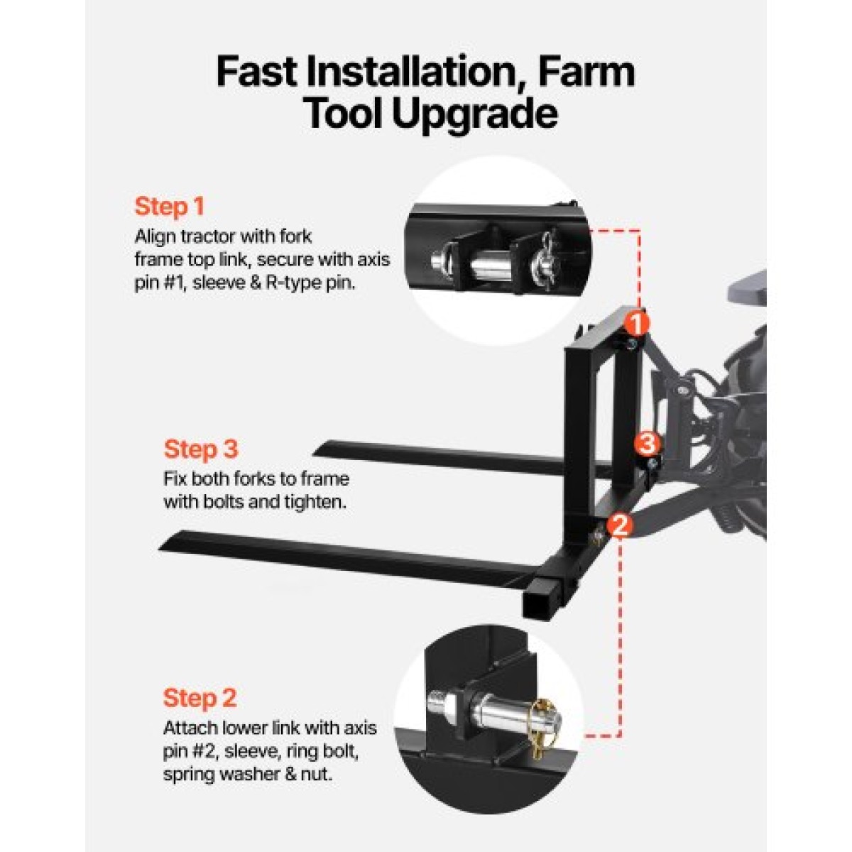 Πιρούνια παλετών VEVOR 3 Point Hitch, 680 kg Σφιγκτήρας σε πιρούνια παλέτας, 128 cm Συνολικό μήκος βαρέως τύπου πιρούνι τρακτέρ με 73,5-117 cm ρυθμιζόμενο πλάτος πιρουνιού, εξαρτήματα γρήγορης κοτσαδόρου για τρακτέρ Κατηγορίας 1