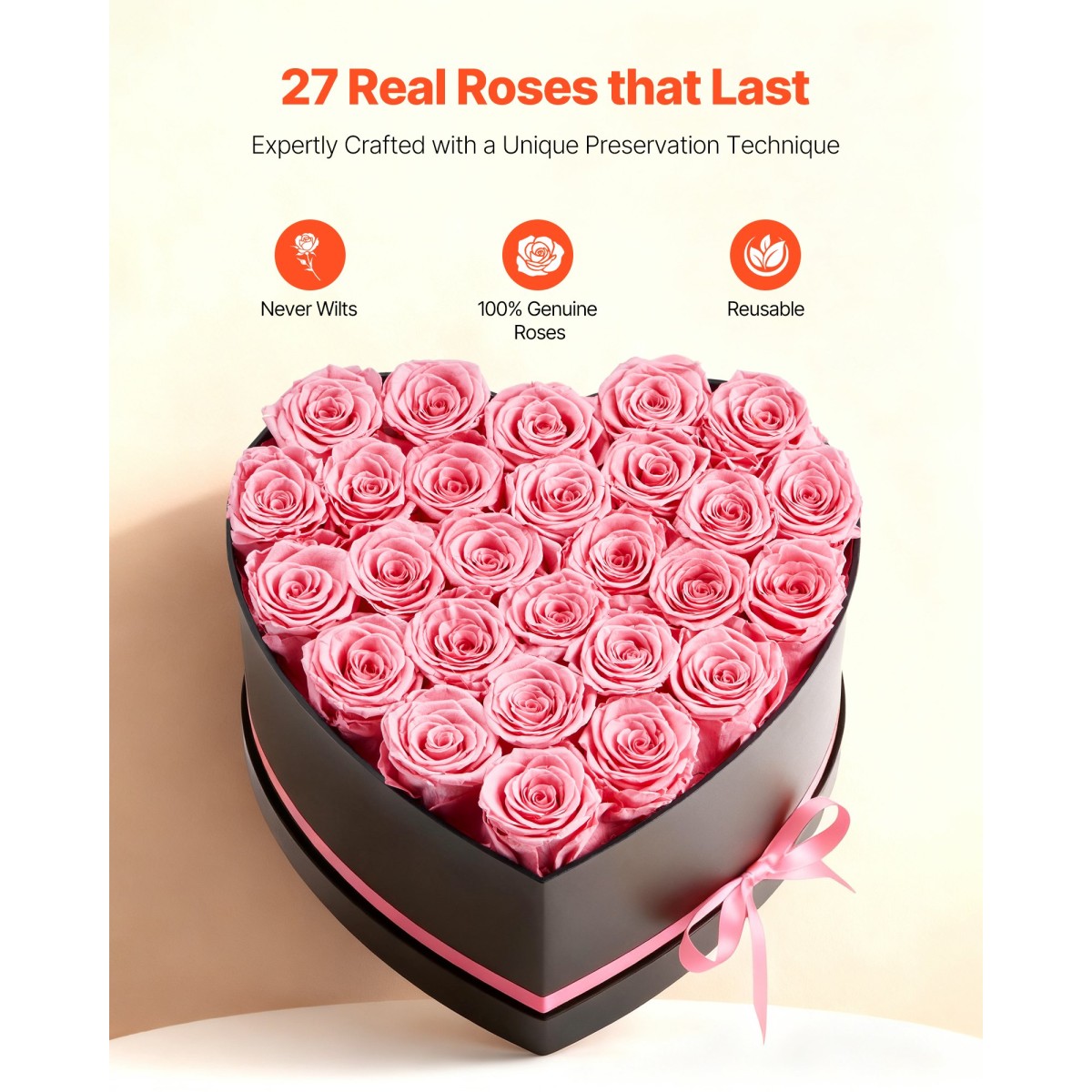 VEVOR Forever Flowers, 27 διατηρημένα τριαντάφυλλα σε κουτί σε σχήμα καρδιάς, Αιώνια λουλούδια Αθάνατη ανθοδέσμη Δώρο γενεθλίων για γυναίκες Μητέρες της γυναίκας της, Επέτειος, Ημέρα του Αγίου Βαλεντίνου, Χριστούγεννα, Ροζ
