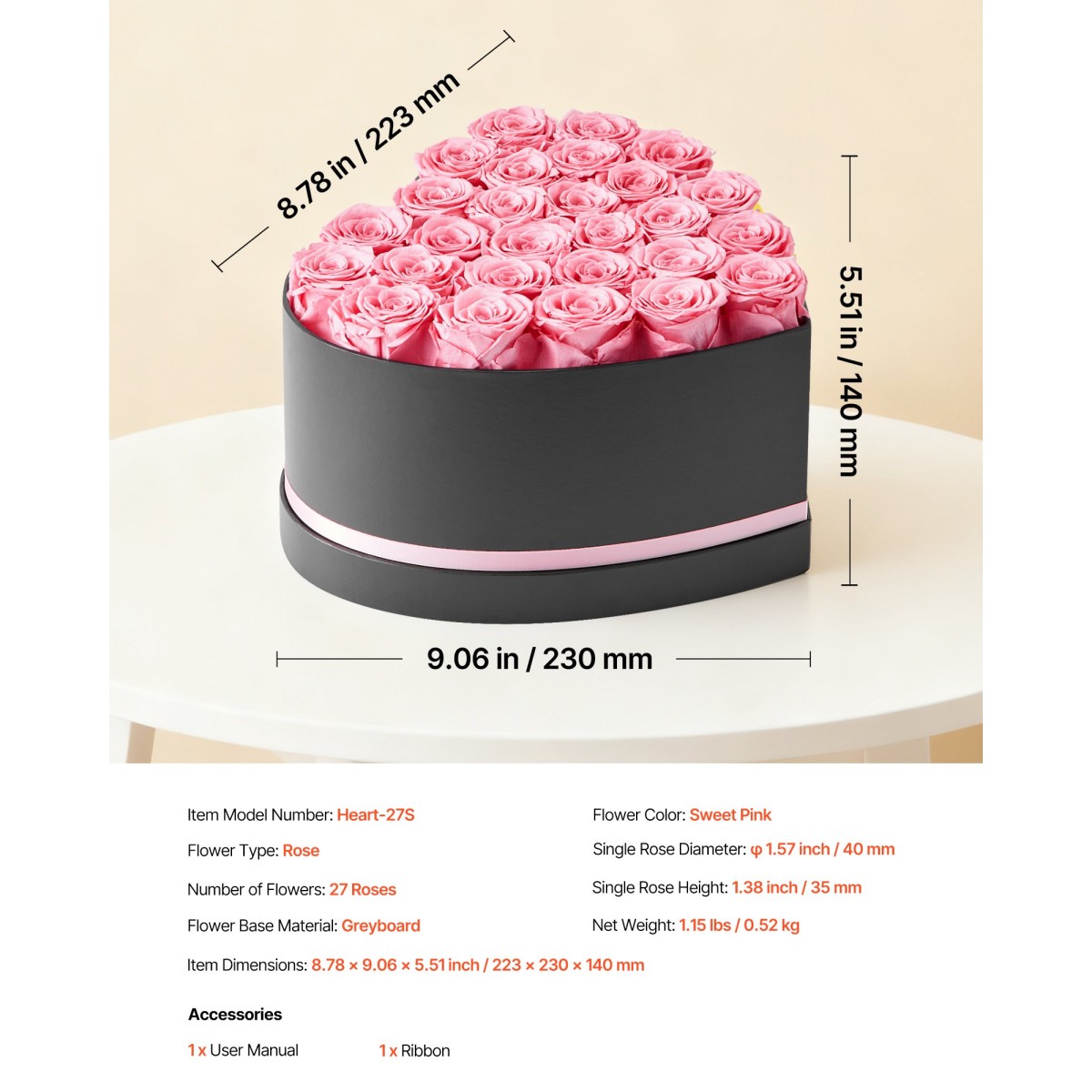 VEVOR Forever Flowers, 27 διατηρημένα τριαντάφυλλα σε κουτί σε σχήμα καρδιάς, Αιώνια λουλούδια Αθάνατη ανθοδέσμη Δώρο γενεθλίων για γυναίκες Μητέρες της γυναίκας της, Επέτειος, Ημέρα του Αγίου Βαλεντίνου, Χριστούγεννα, Ροζ