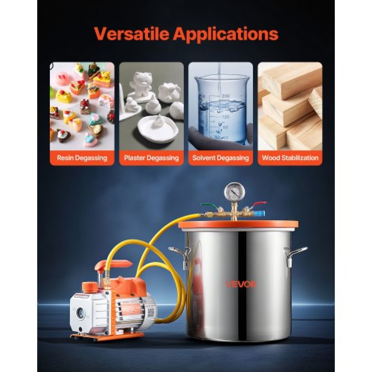 Θάλαμος κενού VEVOR 18,93 L με αντλία, 3,5 CFM 99 L/min, Μονοβάθμια αντλία κενού, κιτ θαλάμου απαέρωσης από ανοξείδωτο χάλυβα, καπάκι από σκληρυμένο γυαλί, σωλήνας 1,5 m, για σταθεροποίηση ρητίνης σιλικόνης απαερίωσης ξύλου