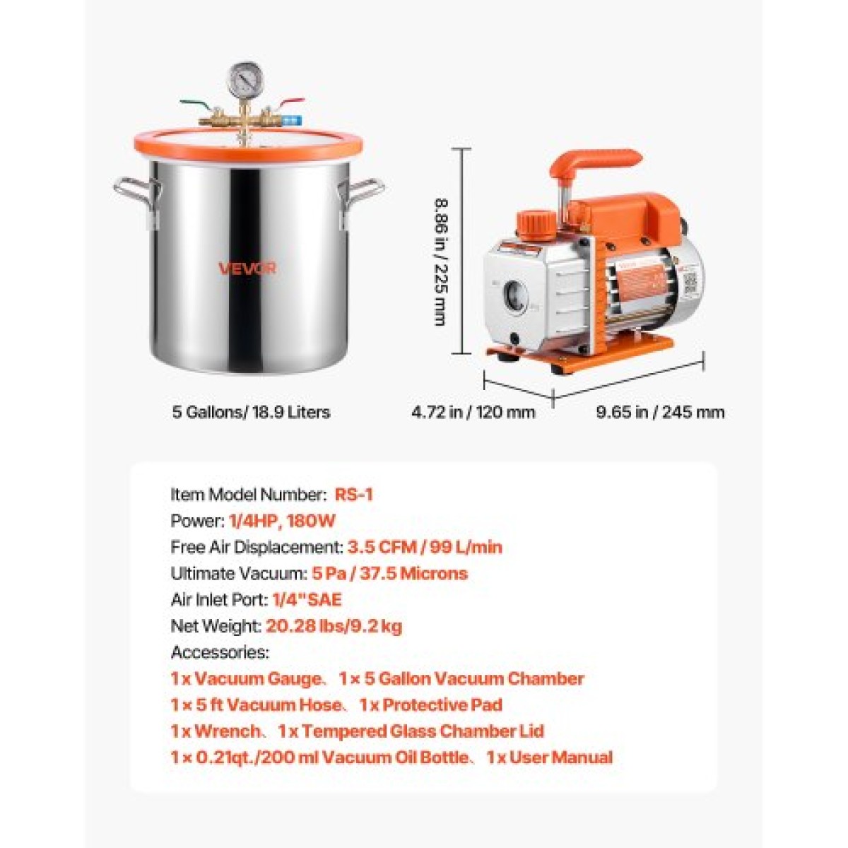 Θάλαμος κενού VEVOR 18,93 L με αντλία, 3,5 CFM 99 L/min, Μονοβάθμια αντλία κενού, κιτ θαλάμου απαέρωσης από ανοξείδωτο χάλυβα, καπάκι από σκληρυμένο γυαλί, σωλήνας 1,5 m, για σταθεροποίηση ρητίνης σιλικόνης απαερίωσης ξύλου