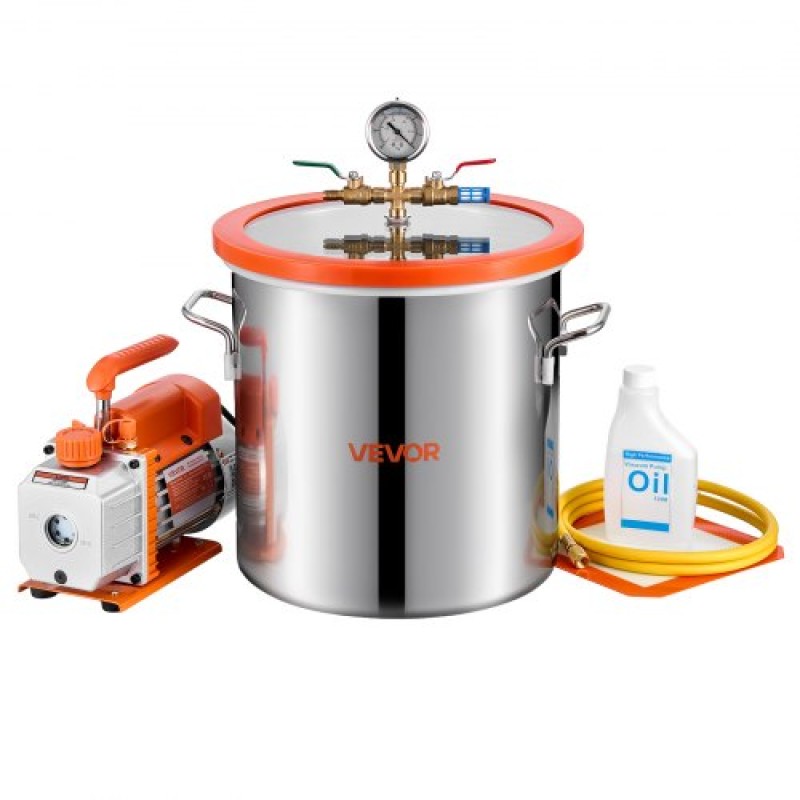 Θάλαμος κενού VEVOR 18,93 L με αντλία, 3,5 CFM 99 L/min, Μονοβάθμια αντλία κενού, κιτ θαλάμου απαέρωσης από ανοξείδωτο χάλυβα, καπάκι από σκληρυμένο γυαλί, σωλήνας 1,5 m, για σταθεροποίηση ρητίνης σιλικόνης απαερίωσης ξύλου