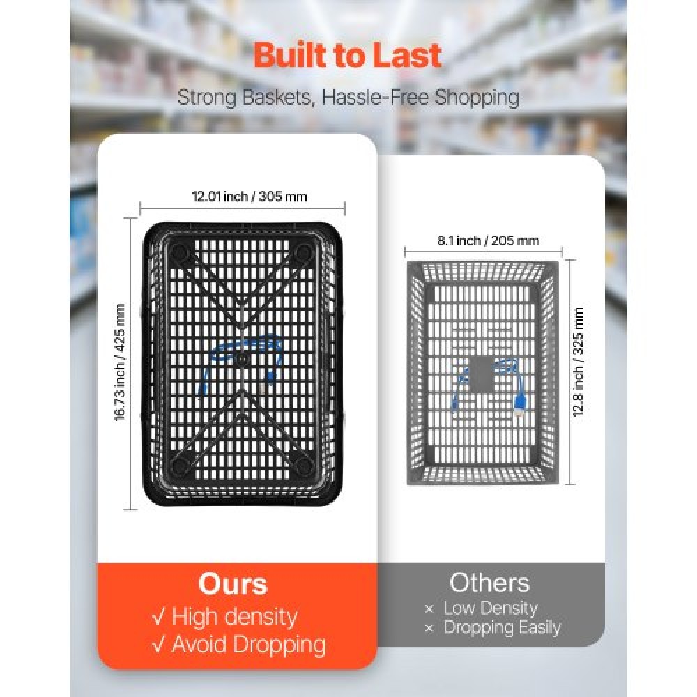 VEVOR Shopping Baskets, 12 PCS, 21L Stackable PE Plastic Grocery Baskets with Handles, Dense Mesh Structure, Holds up to 9.07kg, Portable for Grocery, Retail, Stores, Supermarket, Home Use, Black