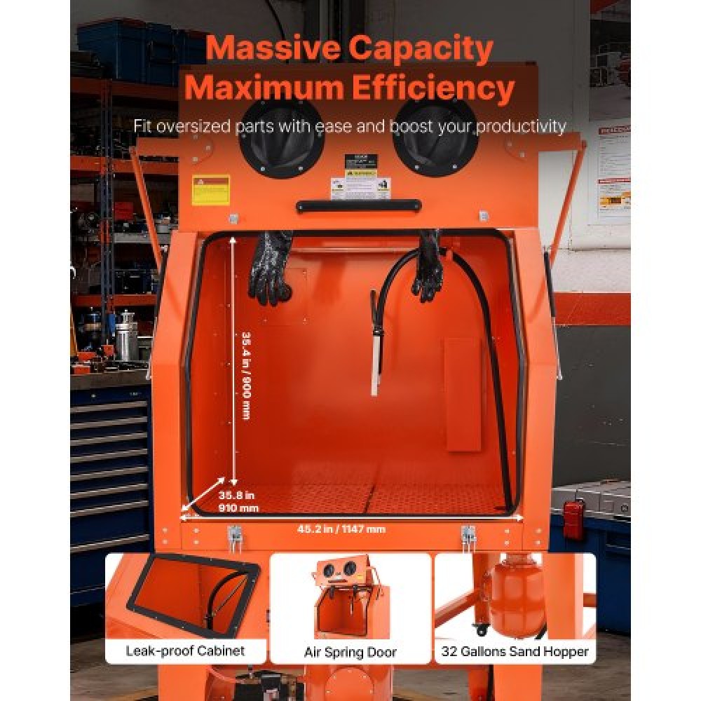 VEVOR 927L Sandblasting Cabinet with Pressurized Tank, Heavy Duty Steel Sand Blasting Cabinet on Wheels - with 121L Media Hopper & 1200W Poweful Dust Collector for Oversized Part Surface Treatment