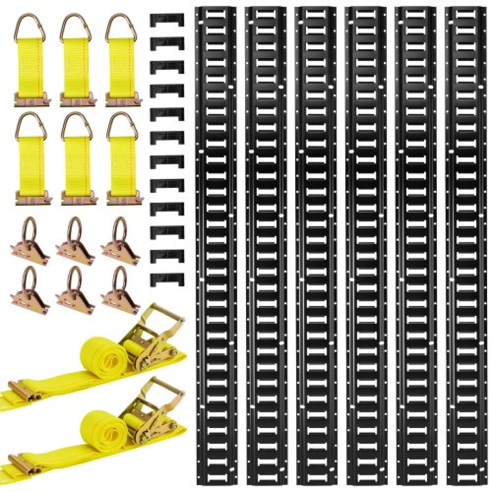 VEVOR E-Track Tie-Down Rail Kit, 6 Pack 1,5 m E Rails Track, 26 Pcs Περιλαμβάνει 2 Ratchet Straps & 6 O-Rings & 6 Tie-Offs with D-Ring & 12 End Caps, Fit for Garages Vans Trailers Motorcycles