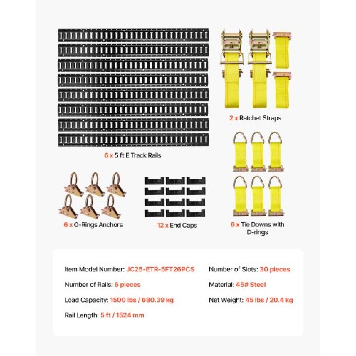 VEVOR E-Track Tie-Down Rail Kit, 6 Pack 1,5 m E Rails Track, 26 Pcs Περιλαμβάνει 2 Ratchet Straps & 6 O-Rings & 6 Tie-Offs with D-Ring & 12 End Caps, Fit for Garages Vans Trailers Motorcycles