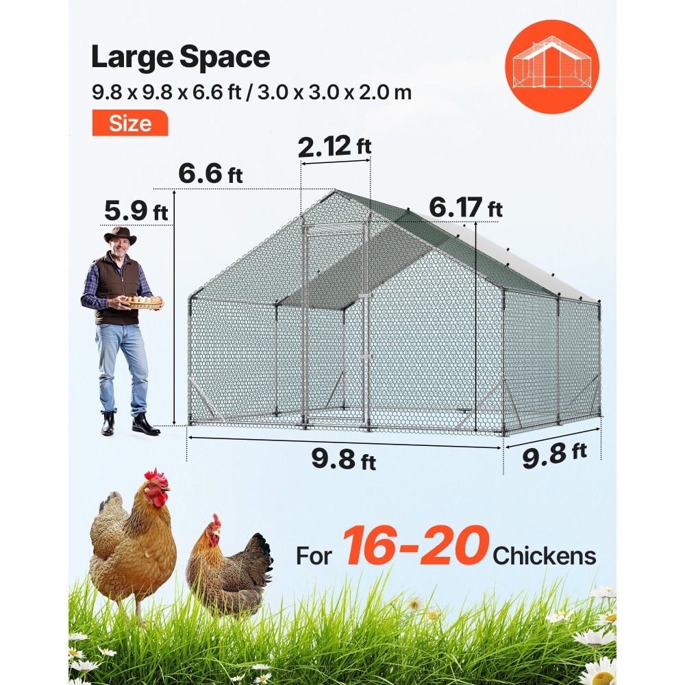 VEVOR Large Metal Chicken Coop, 3 x 3 x 2 m, Walk-in Chicken Run House με αδιάβροχο κάλυμμα και στιβαρό σκελετό, στυλό πάπιας κλουβιού πουλερικών Spire Roof για κουνέλι κοτέτσι, πάπια χήνας, εξωτερική χρήση σε φάρμα πίσω αυλής