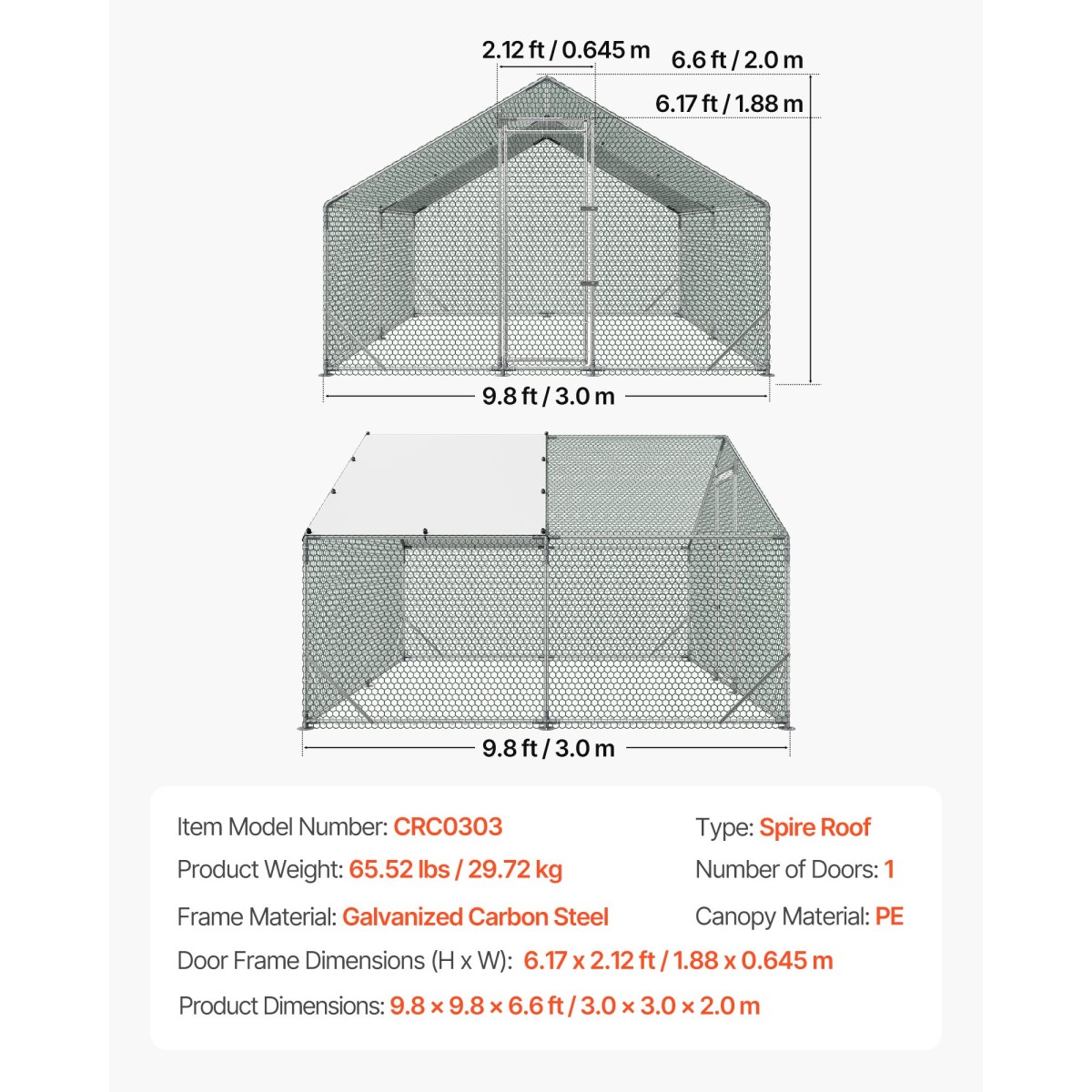 VEVOR Large Metal Chicken Coop, 3 x 3 x 2 m, Walk-in Chicken Run House με αδιάβροχο κάλυμμα και στιβαρό σκελετό, στυλό πάπιας κλουβιού πουλερικών Spire Roof για κουνέλι κοτέτσι, πάπια χήνας, εξωτερική χρήση σε φάρμα πίσω αυλής