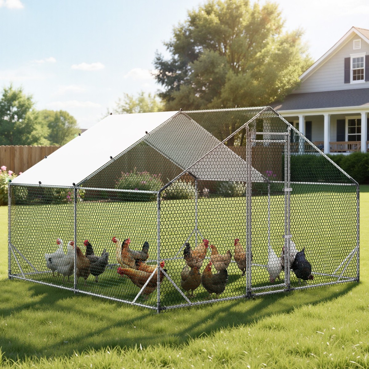 VEVOR Large Metal Chicken Coop, 3 x 3 x 2 m, Walk-in Chicken Run House με αδιάβροχο κάλυμμα και στιβαρό σκελετό, στυλό πάπιας κλουβιού πουλερικών Spire Roof για κουνέλι κοτέτσι, πάπια χήνας, εξωτερική χρήση σε φάρμα πίσω αυλής
